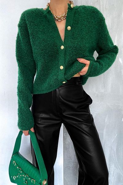 FEMELLE Cardigan de pluș cu nasturi aurii, verde, de damă