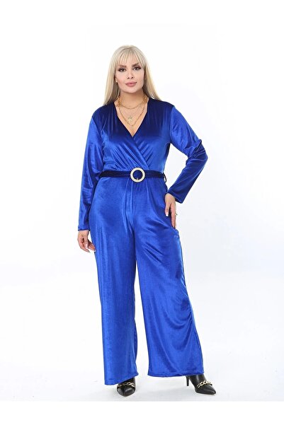 ViolettaXL Women's Plus Size Buckle Belted Double Breasted Collar Stretchy Velvet Jumpsuit