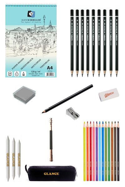GLANCE Alex Schoeller Sketch Block Notebook 120gr A4 40 Sheets Dry Color Pencil Roll Pencil Holder Drawing Sketching Set