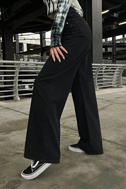 MAKRAS EXCLUSIVE Milano Ikon 90's Black Lycra Super Extra High Waist Palazzo Loose Jean Trousers