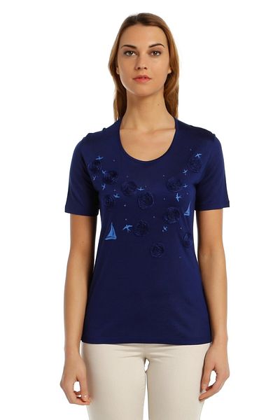 Solo Mercerized Knitted T-shirt with Sailing Print and Embroidery Detail