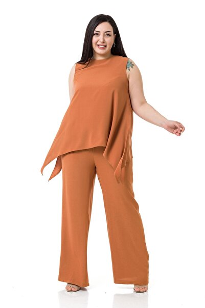 DISENTIS MODEST Plus Size Blouse Trousers Cinnamon Color Set