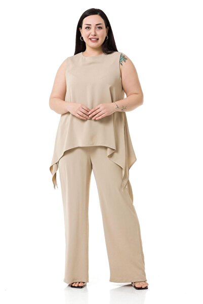 DISENTIS MODEST Plus Size Blouse Trousers Beige Color Set