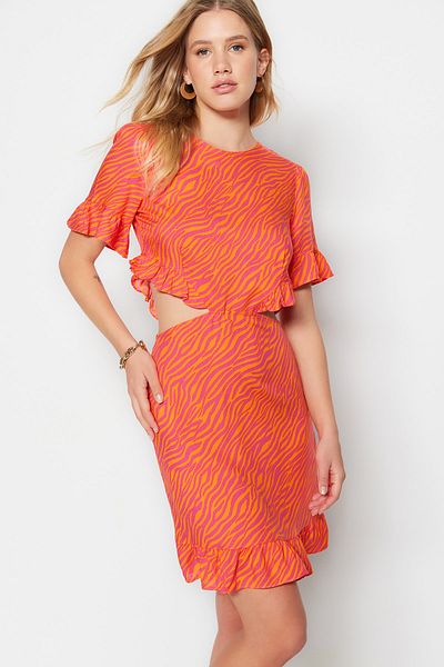Trendyol Collection Orange Animal Patterned Mini Woven Dress with Flounce Skirt Cut Out/Window Detail TWOSS22EL00619