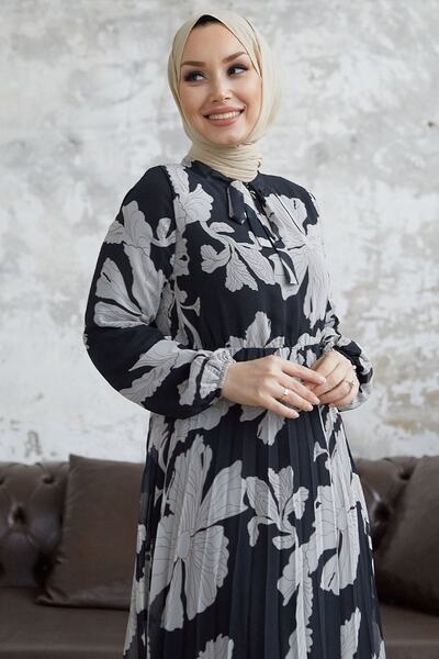 InStyle Elya Floral Collar Belted Chiffon Dress - Black