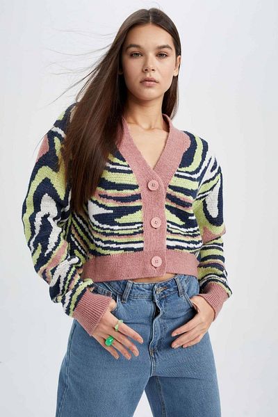 DeFacto Cool Regular Fit Zebra Patterned V-Neck Buttoned Knitwear Cardigan