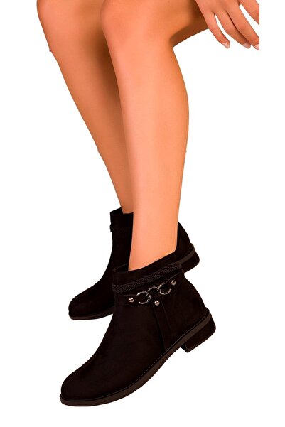 DUYGUSHOESBAG Kadın Siyah Süet Fermuarlı Zincir Aksesuarlı Kısa Bot