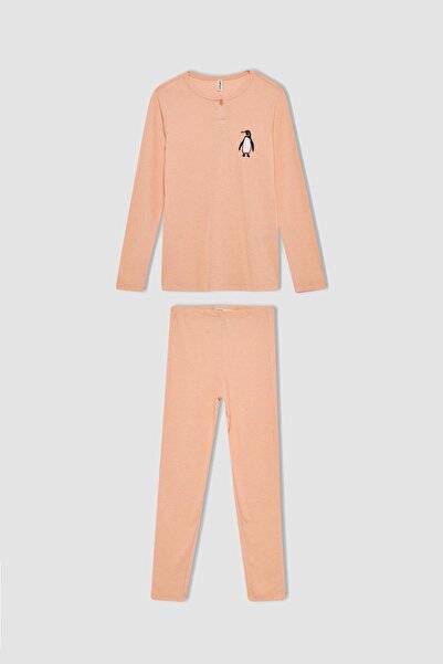 DeFacto Kız Çocuk Baskılı Ribana Uzun Kollu Pijama Takım