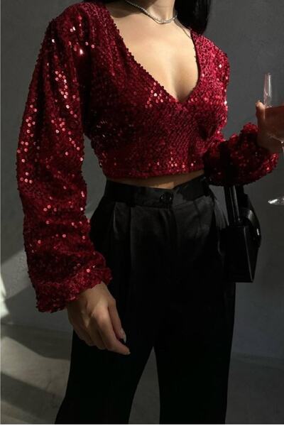 lovebox Women's Red V-Neck Sequined Blouse 5384