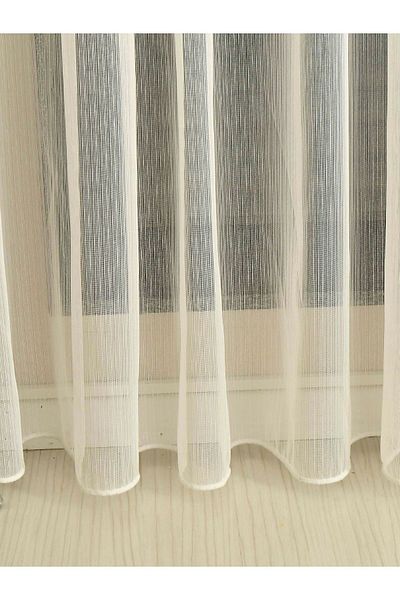 Cortibo Linen 10 Light Striped Plain Tulle Curtain Without Pleats