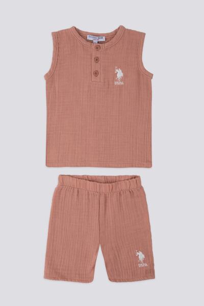 U.S. Polo Assn. طقم تي شيرت أزرق بني للأطفال بدون أكمام