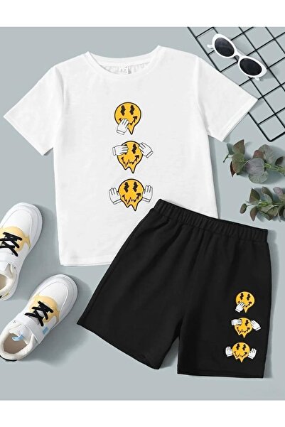 Tarzsokak Детски комплект с горна и долна част с принт Emoji Черно-бяла комби...