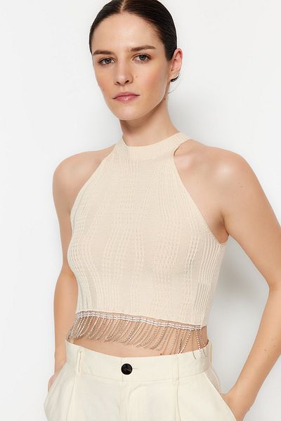 Trendyol Collection Ecru Crop Stone Detailní pletenina Pletená tenká halenka TWOSS23BZ00601