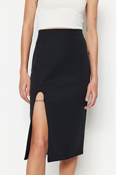 Trendyol Collection Black Midi Woven Skirt with Slits and Stone Detail TWOSS23ET00203