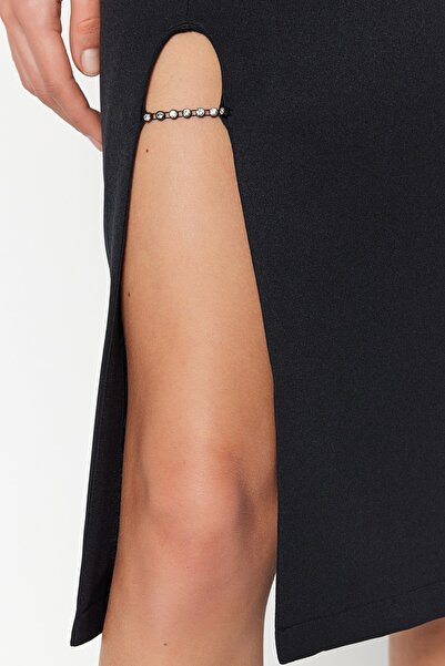 Trendyol Collection Black Midi Woven Skirt with Slits and Stone Detail TWOSS23ET00203