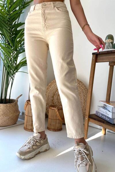 LİMABEL Γυναικείο Ψηλόμεσο Εκρού Λύκρα Mom Jeans Ευέλικτο Τζιν Παντελόνι