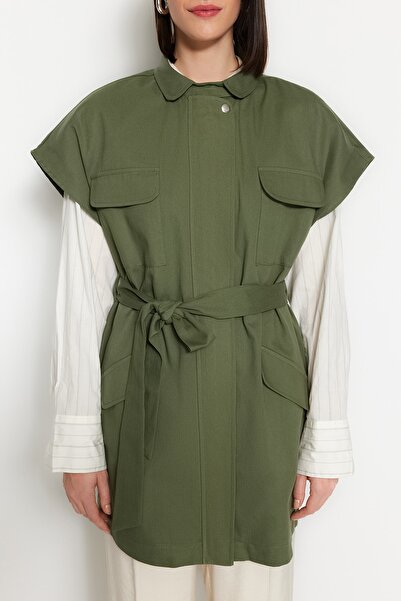 Trendyol Modest Khaki Belted Wide Shoulder Oversize Woven Vest Tctss23Yl00049