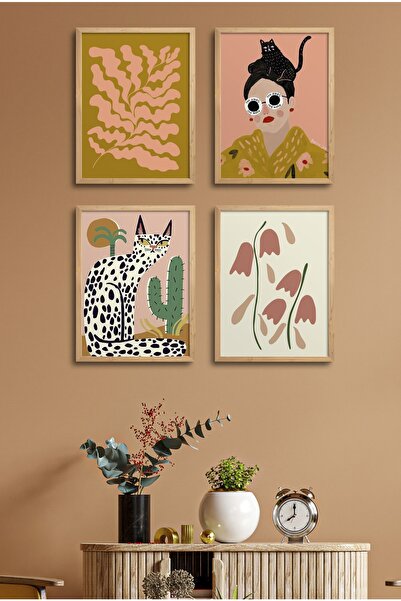 HOMEPACK Set de 4 tablouri cu rama din lemn natural D-004