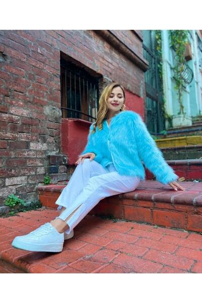 NARKISS Astarlı Gök Mavisi Yakasız Suni Kürk Ceket