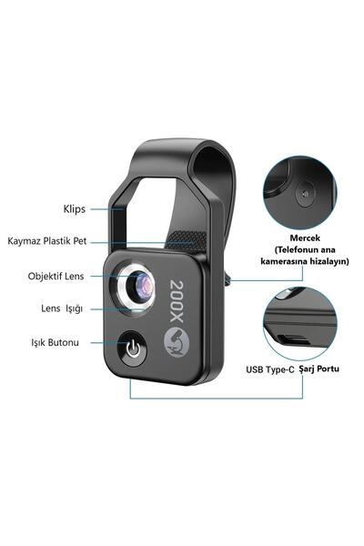 Genel Markalar 200x Hd Led Işıklı Taşınabilir Cep Telefonu Mikroskobu Cpl Lens (siyah)