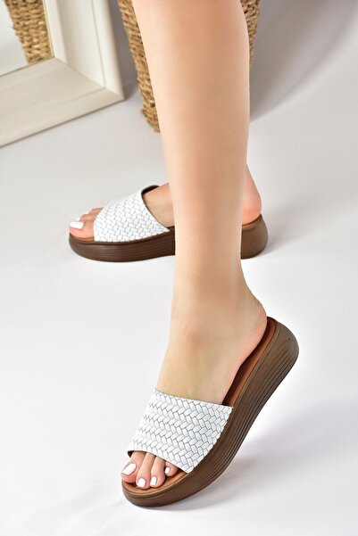 Fox Shoes Papuci alb din piele naturală, tricotată cu bandă groase, model Daily, pentru femei M291850003