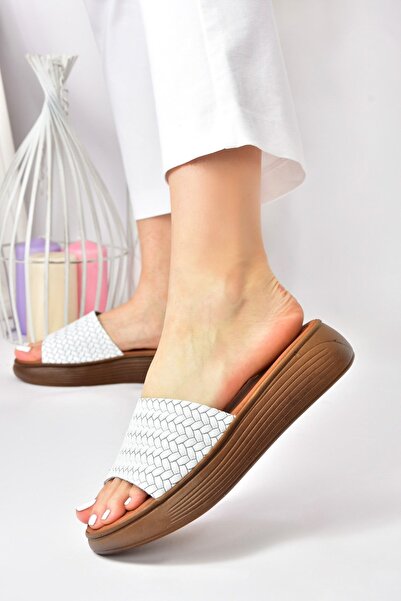 Fox Shoes Papuci alb din piele naturală, tricotată cu bandă groase, model Daily, pentru femei M291850003