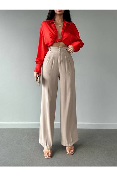 LB Laluna Butik Γυναικείο φαρδύ παντελόνι Palazzo Cut με διπλό πλισέ πίσω με χρυσά κουμπιά