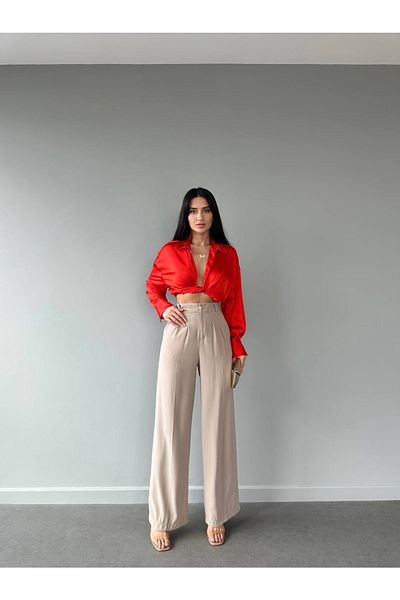 LB Laluna Butik Γυναικείο φαρδύ παντελόνι Palazzo Cut με διπλό πλισέ πίσω με χρυσά κουμπιά