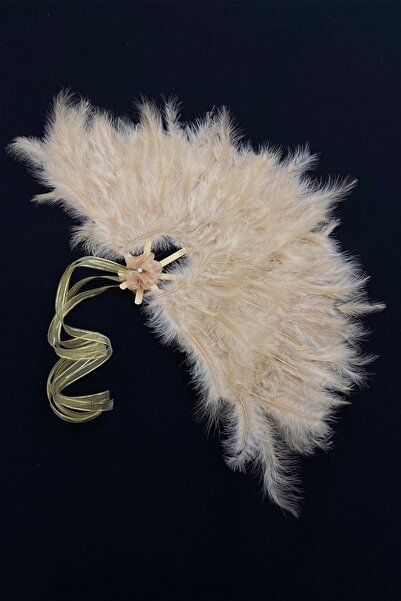 ZEYMERADE Kapuçino Gelin Yelpazesi, Ahşap Tüylü Kına Yelpazesi, Nedime Sünnet Yelpaze, Büyük Boy Yelpaze 60*35