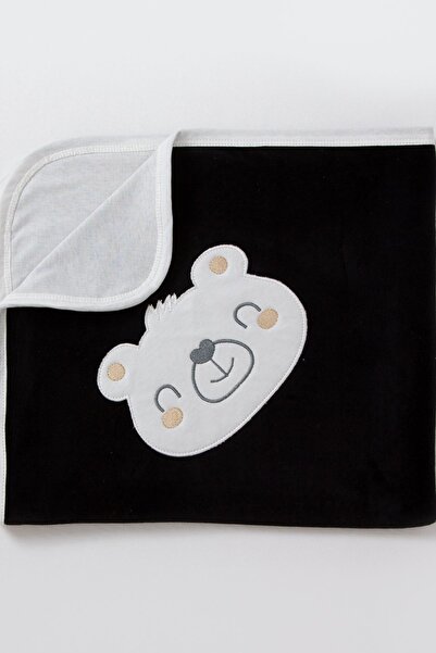 Bubito Basic Gülen Surat Detaylı Pamuklu Bebek Battaniyesi 85x75 iiyah