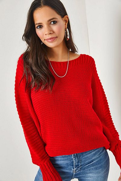Olalook Women's Red Sleeve Detailed Honeycomb Knit Sweater KZK-19000399