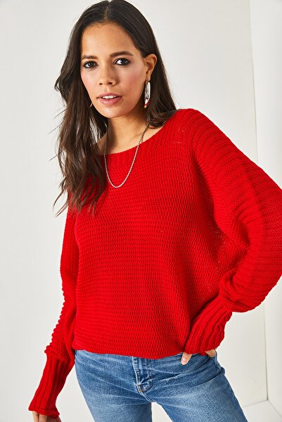 Olalook Női piros ujjú részletes méhsejt kötött pulóver KZK-19000399