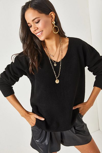 Olalook Pulover negru de damă, cu decolteu în V, din tricotaje cu textura moale KZK-19000598