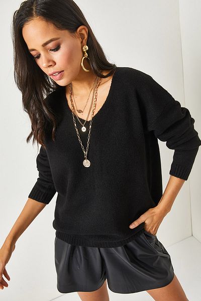 Olalook Pulover negru de damă, cu decolteu în V, din tricotaje cu textura moale KZK-19000598