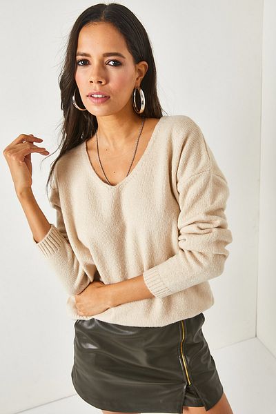 Olalook Pulover din tricot cu textura moale, cu decolteu în V, pentru femei KZK-19000598