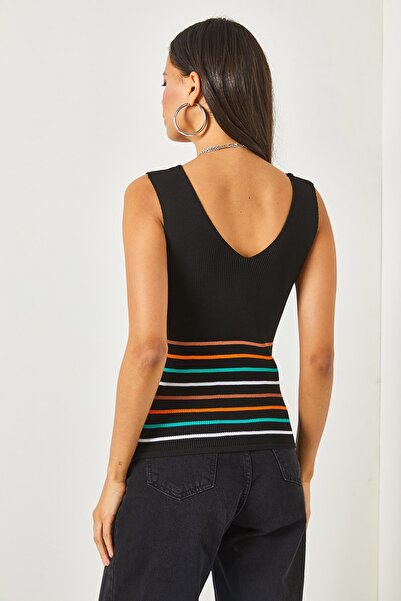 Olalook Dámská černá barva pruhovaná halenka vpředu vzadu v úpletu BLZ-19002175