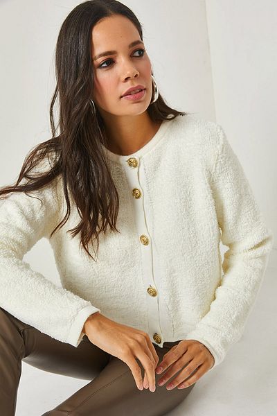 Olalook Women's Ecru Teddy Buttoned Crop Knitwear Cardigan HRK-19000210