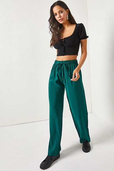 Olalook Women's Emerald Green Belted Elastic Waist Palazzo Ayrobin Trousers PNT-19000200