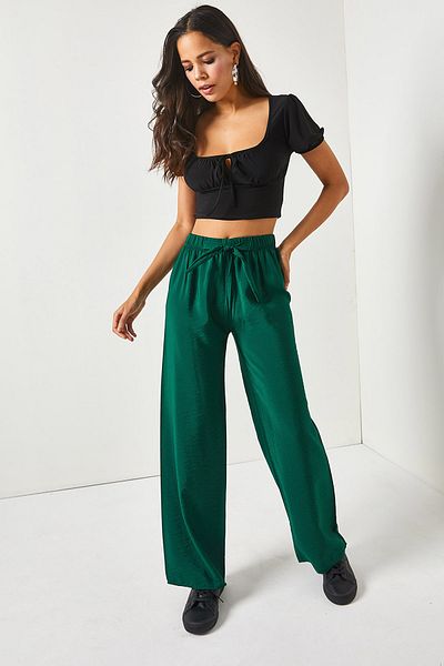Olalook Women's Emerald Green Belted Elastic Waist Palazzo Ayrobin Trousers PNT-19000200