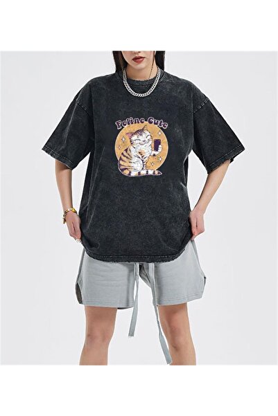 Touz Tricou Satu Moda & Yıkamalı Feline Cute Eskitme