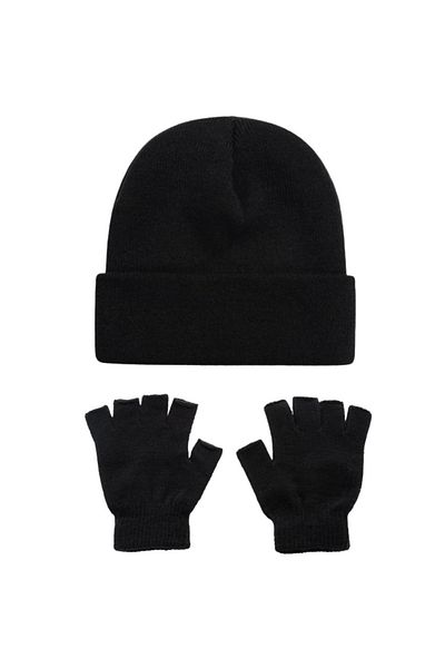 AXE SPORTSWEAR Unisex Black Winter Knitwear Beret and Fingerless Half Finger Gloves Set of 2
