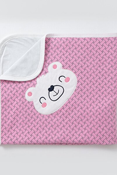 Bubito Dikdörtgen Detaylı Gülen Surat Detaylı Pamuklu Bebek Battaniyesi 85x75-pembe