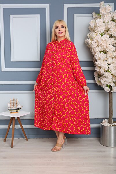 XL Modam Women's Large Size Digital Red Green Yellow Printed Woven Mink Dress