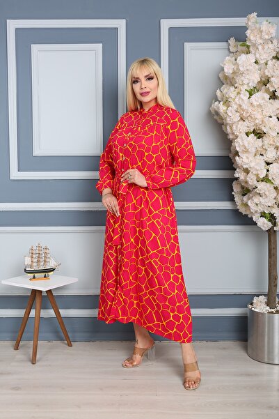 XL Modam Women's Large Size Digital Red Green Yellow Printed Woven Mink Dress