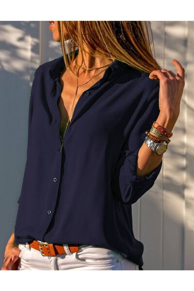 FancyWorld قميص أساسي أسطوري من قماش الفسكوز المنسوج بلون عادي، أزرق داكن