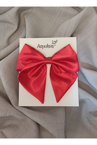asyakuş مشبك تلقائي بفيونكة نسائية من الساتان الأحمر