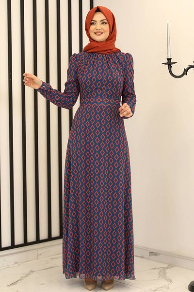 Fashion Showcase Rochie din șifon cu model baklava albastră