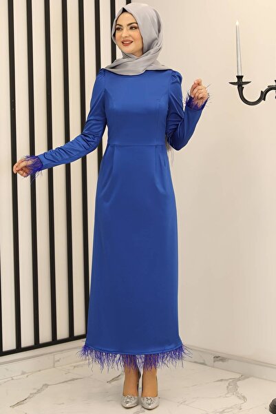 Fashion Showcase Feather Detail Satin Pencil Evening Dress Cobalt Blue - - Fs...