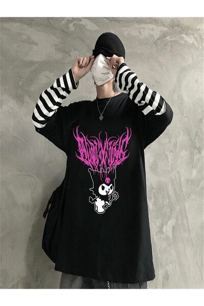 Touz Hakatumoda Harajuku Kuromi Sanrio Смугаста рукава унісекс футболка