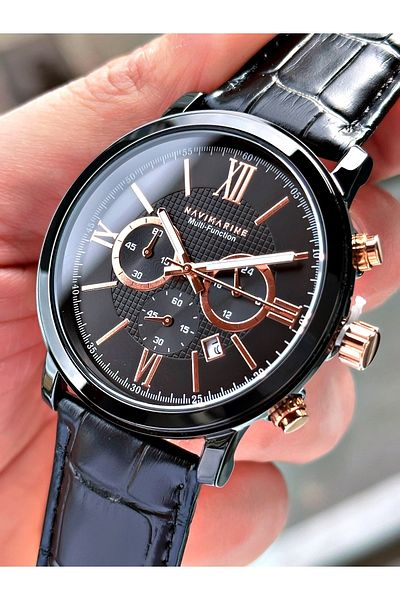 Navimarine Black Color All Functions Active Original Leather Men's Wristwatch + Bracelet Gift